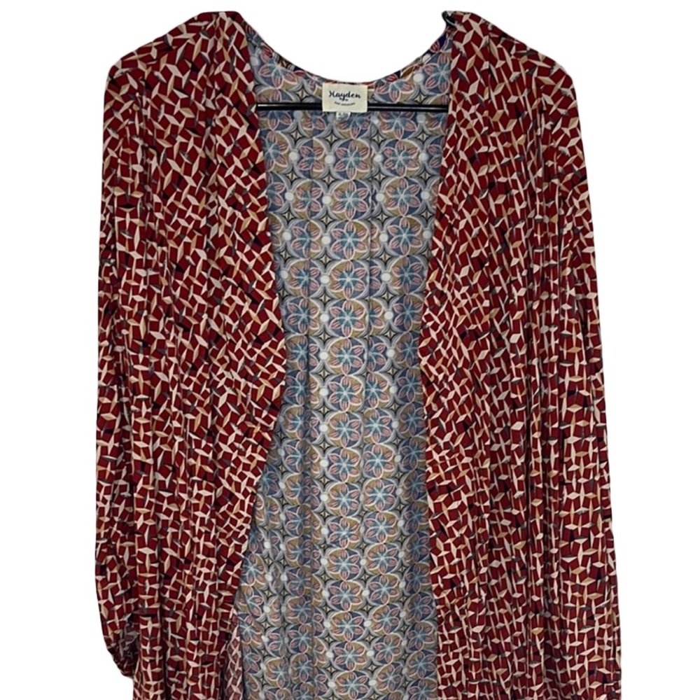 Red and White Patterned Open Cardigan